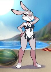 2022 anthro beach bikini black_bikini black_swimwear breasts disney elbow_tufts eyebrows eyelashes fabio_paulino female food fruit hand_on_hip judy_hopps lagomorph leporid looking_at_viewer mammal melon navel nipple_outline plant rabbit seaside shoulder_tuft side-tie_bikini small_breasts solo standing swimsuit swimwear tuft watermelon zootopia