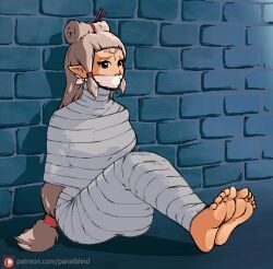 1girls age_of_calamity barefoot bondage bound breasts feet gag gagged hi_res hyrule_warriors:_age_of_calamity impa impa_(age_of_calamity) long_hair mummification mummified ninja nintendo panelblind pointy_ears red_eyes restrained sitting sitting_on_floor solo tape the_legend_of_zelda tied tied_up white_hair