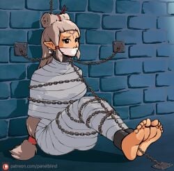 1girls age_of_calamity barefoot bondage bound breasts chain_bondage chain_leash chained chains cuffs feet gag gagged hi_res hyrule_warriors:_age_of_calamity impa impa_(age_of_calamity) long_hair mummification mummified ninja nintendo panelblind pointy_ears red_eyes restrained sitting sitting_on_floor solo tape the_legend_of_zelda tied tied_up white_hair