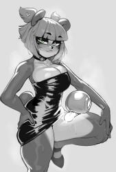 alternate_version_available anthro big_breasts black_and_white blunt_bangs blush choker cleavage dress eyebrows_visible_through_hair female grabbing_own_ass greyscale krekk0v looking_at_viewer monochrome nuwa_nightstone panda skindentation sweat