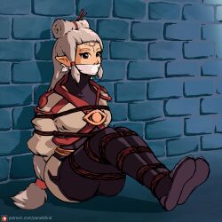 1girls age_of_calamity ass bodysuit bondage boots bound bound_arms bound_legs breasts gag gagged hi_res hyrule_warriors:_age_of_calamity impa impa_(age_of_calamity) leggings long_hair ninja nintendo panelblind pants paya_(the_legend_of_zelda) pointy_ears red_eyes restrained rope rope_bondage sitting sitting_on_floor solo the_legend_of_zelda tied tied_up tight_pants white_hair