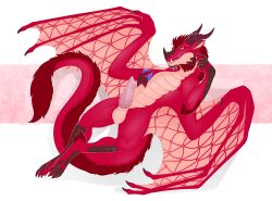 anthro armor balls claws condom condom_wrapper digital_media_(artwork) dragon entropy_(billeur) erection fur genitals hi_res horn looking_at_viewer male membrane_(anatomy) membranous_wings penile_spines penis pink_penis plate_armor presenting presenting_penis red_body red_fur red_scales scales scalie scar sexual_barrier_device simple_background smile solo ulven-f western_dragon wings