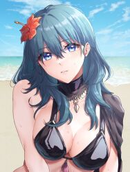 1girls alternate_costume bare_shoulders beach bikini black_bikini black_swimsuit blue_eyes blue_hair blue_sky blush breasts byleth_(fire_emblem) byleth_(fire_emblem)_(female) byleth_(summer)_(fire_emblem)_(female) capelet collarbone eyebrows_visible_through_hair female female_only fire_emblem fire_emblem:_three_houses fire_emblem_heroes flower hair_flower hair_ornament halterneck hibiscus large_breasts looking_at_viewer medium_hair nintendo ocean official_alternate_costume portrait sky solo swimsuit tassel tomo_shirasu wet