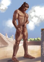 1boy abs alexios andriusdraws assassin's_creed assassin's_creed_odyssey balls ballsack beard_stubble body_hair brown_hair facial_hair flaccid_penis foreskin gladiator hairy human intact long_hair_male looking_at_penis male male_nipples male_only male_pubic_hair manly masculine mature_male muscles muscular_male mustache nude_male outdoors outside partially_retracted_foreskin pecs penis scars scrotum solo testicles ubisoft uncut veiny_penis