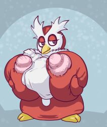 anthro areola avian bag beak big_areola big_breasts big_nipples bird breast_play breast_squish breasts delibird female feral hi_res hyper hyper_nipples leptail lidded_eyes nintendo nipples paizuri penguin pink_nipples pokémon_(species) pokemon red_body sex snow solo squish titjob video_games