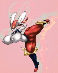 anthro big_breasts breasts cinderace erect_nipples female genitals hi_res humanoid kick lagomorph leporid leptail mammal muscular muscular_anthro muscular_thighs nintendo nipple_outline nipples pokémon_(species) pokémorph pokemon pussy rabbit solo video_games