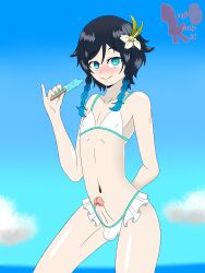 1boy bikini blush bulge crossdressing deepbootykid erect_penis erection exhibitionism femboy flower_in_hair gay genshin_impact male male_only penis penis_out popsicle solo trap venti_(genshin_impact)