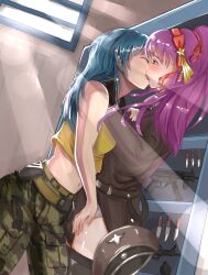 athena_asamiya fingering fingering_pussy fingering_through_clothes fingering_through_panties heckler_&_koch king_of_fighters kissing knife leona_heidern mp5 mp5k norinco qbz-95 snk throwing_knife throwing_knives window yuri yurikon_(fan_of_athena)