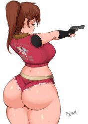 1girls aleksandrgav ass big_ass brown_hair bubble_butt busty claire_redfield dat_ass female female_focus female_only firearm gun handgun hourglass_figure long_hair pistol ponytail rear_view resident_evil resident_evil_2 solo tagme weapon wide_hips