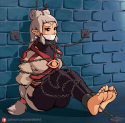 1girls age_of_calamity ass barefoot bodysuit bondage bound bound_arms bound_legs breasts chain_bondage chained chains cuffs feet gag gagged hi_res hyrule_warriors:_age_of_calamity impa impa_(age_of_calamity) leggings long_hair ninja nintendo panelblind pants paya_(the_legend_of_zelda) pointy_ears red_eyes restrained sitting sitting_on_floor solo the_legend_of_zelda tied tied_up tight_pants white_hair