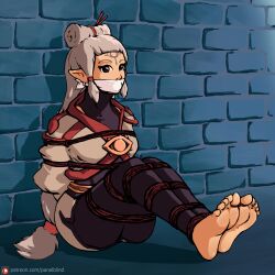 1girls age_of_calamity ass barefoot bodysuit bondage bound bound_arms bound_legs breasts feet gag gagged hi_res hyrule_warriors:_age_of_calamity impa impa_(age_of_calamity) leggings long_hair ninja nintendo panelblind pants paya_(the_legend_of_zelda) pointy_ears red_eyes restrained rope rope_bondage sitting sitting_on_floor solo the_legend_of_zelda tied tied_up tight_pants white_hair