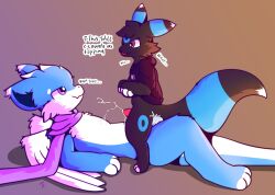 anthro big_dom_small_sub bodily_fluids box container cum cum_inside cumshot dialogue dominant dragon duo eeveelution ejaculation feral fluffy fluffy_tail genital_fluids hi_res male male/male nintendo noodletheartist pokémon_(species) pokemon scarf size_difference smug tail umbreon video_games