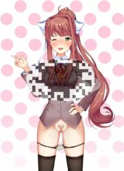 1girls accurate_art_style artist_request black_panties blush bottomless brown_hair clothing color colored doki_doki_literature_club edit edited edited_official_artwork female green_eyes hair hair_ribbon heart-shaped_pubic_hair jacket jiggle long_hair monika_(doki_doki_literature_club) one_eye_closed optical_illusion panties panties_down polka_dot_background pubic_hair pussy shake_your_screen shirt simple_background solo sprite_edit sweating thighhighs underwear