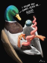 2022 3:4 3_toes anas anatid anseriform avian big_penis bird black_background dabbling_duck dialogue duck english_text feet feral genitals hi_res huge_cock hyper hyper_genitalia hyper_penis magpi male mallard membrane_(anatomy) penis pink_penis planet_earth signature simple_background solo spiral_penis text toes webbed_feet