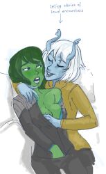 alien andorian_(species) antennae_(anatomy) blue_skin blush cleavage closed_eyes clothed clothed_sex cuteanon dialogue duo english_text female fingering grabbing green_hair green_skin half-closed_eyes humanoid masturbation orion_(species) simple_background star_trek white_background yuri