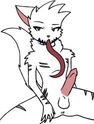 anthro anus balls big_penis blue_stripes domestic_cat felid feline felis fur genitals hi_res long_tongue male mammal miksu4542 neck_tuft penis red_eyes scars_all_over solo stripes tongue tuft white_body white_fur