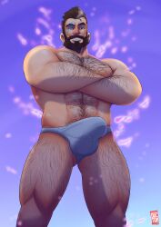 bara beard boner bulge chest_hair crossed_arms doctor_anfelo erection erection_under_clothes facial_hair hairy male male_only merlin_(smite) muscles muscular scar scar_across_eye smite solo solo_male