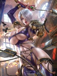 1boy 1girls armor blue_eyes breasts eyeshadow female female_focus hair_over_one_eye heishiro_mitsurugi isabella_valentine large_breasts lipstick navel pinup purple_eyes pussy short_hair skimpy solo_focus soul_calibur soul_calibur_iv sweat voluptuous weapon whip_sword white_hair yam_spectrum