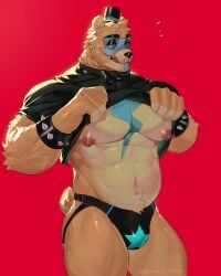 absurd_res animatronic bear black_shirt brown_hair bulge five_nights_at_freddy's five_nights_at_freddy's:_security_breach freddy_(fnaf) fur furry glamrock_freddy_(fnaf) highres male male_only scottgames solo solo_male steam taking_clothes_off taking_off_shirt tongue_out underwear