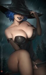 1girls black_lipstick blue_hair breasts broom broom_riding cleavage cordelia_valentine dead_estate eyes_covered female female_only huge_breasts large_breasts light-skinned_female light_skin lipstick looking_at_viewer meekohopanes pale-skinned_female pale_skin pantyhose rain raining simple_background smile solo solo_female witch_hat