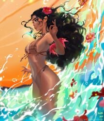 1girls bikini brown_eyes brown_hair dark-skinned_female disney disney_princess flower_in_hair large_breasts long_hair moana moana_waialiki ocean pacific_islander polynesian seaside side_view standing_in_water tattiart