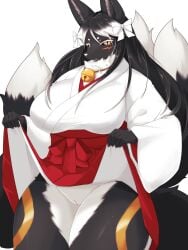 3:4 anthro big_breasts breasts canid canine clothed clothing female fingers fox fur furry furry_only genitals hair hi_res looking_at_viewer mammal multi_tail presenting presenting_pussy pussy solo tail takeshi_kemo thick_thighs wide_hips