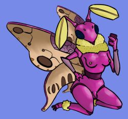 anthro arthropod blue_eyes fur genitals gynomorph insects intersex lepidopteran moth mr._pp nude penis pink_body rosy_maple_moth selfie solo yellow_body yellow_fur