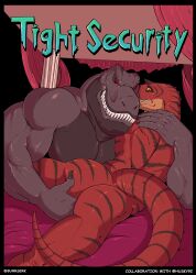 abelisaurid absurd_res anal anal_fingering anthro ass bed biceps big_dom_small_sub burrserk carnotaurus comic cover cover_art cover_page dinosaur dominant eloy_(husky92) english_text fingering furniture hi_res husky92 looking_at_viewer maku_(burrserk) male male/male muscular muscular_anthro muscular_male on_bed pecs rape_face red_eyes reptile scalie sex sharp_teeth size_difference smile striped_body stripes teeth text theropod title tyrannosaurid tyrannosaurus tyrannosaurus_rex worried yellow_sclera