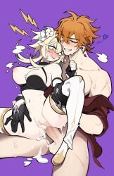 1boy 1boy1girl 1girls after_vaginal anal bangs blonde_hair blush breasts childe_(genshin_impact) cum cum_in_pussy earrings female flower genshin_impact gloves hair_between_eyes hair_flower hair_ornament highres hilimuc jewelry lumine_(genshin_impact) male medium_breasts nipples orange_hair penis pussy sex short_hair_with_long_locks simple_background single_earring straight sweat tartaglia_(genshin_impact) thighhighs underwear yellow_eyes