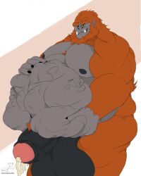 anthro ape balls belly big_balls big_belly big_penis bodily_fluids cum cum_drip dripping erection genital_fluids genitals gorilla graydien hand_on_stomach haplorhine hi_res male mammal muscular muscular_male penis primate same_size_vore vore