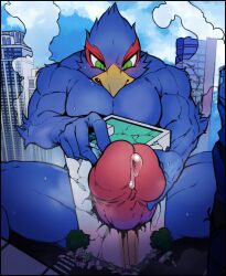 anthro avian big_penis bird blue_body blush bodily_fluids building building_penetration building_sex city cygni destruction erection falco_lombardi genital_fluids genitals hi_res macro male masturbation nintendo penetration penis penis_grab precum smoke star_fox video_games