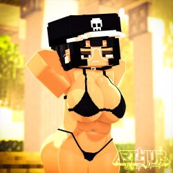 1girls 3d arms_up arthur32 ass big_ass big_breasts bikini black_hair breasts choker ear_piercing fea_(arthur32) female female_only glasses hands_behind_head hat huge_ass huge_breasts looking_at_viewer mine-imator minecraft