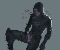 1male black_clothing blush clothed cum erect_penis fingerless_gloves garrett_(thief) hood male male_only masturbation penis solo solo_male thief thief_(series)