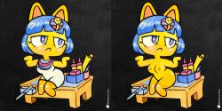 absurd_res animal_crossing ankha ankha_(animal_crossing) anthro blue_hair blush breasts clothed clothing diegolo12083176 domestic_cat egyptian felid feline felis female fur hair hi_res mammal nintendo nipples nude solo video_games yellow_body