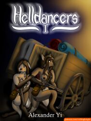 cart cover cover_art cover_page duo fantasy female gun helldancers hi_res humanoid ikren musket nude ranged_weapon rollingknight scared weapon whip_marks zorellia