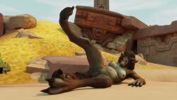 3d_(artwork) anthro beach blender_(software) blizzard_entertainment breasts brown_body brown_fur canid canine desert digital_media_(artwork) exhibitionism female fur guennevire_havisham hi_res jjmanilla mammal outside presenting raised_leg ruins seaside shy solo spread_legs spreading teasing treasure_hoard video_games warcraft were werecanid werecanine werewolf worgen world_of_warcraft