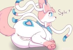 anus artmarshmallow bandanna_on_neck eeveelution female feral fur furry furry_only genitals hi_res looking_at_viewer looking_back looking_back_at_viewer mammal nintendo paws pokémon_(species) pokemon pussy solo sylveon tail text video_games