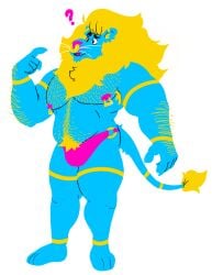 1boy anthro armpit_hair blue_body blue_fur body_hair bulge chest_hair clothed clothing cmyk confusion facial_piercing felid flufflion fluffy_(flufflion) fur handpaw hi_res hindpaw lion male male_only mammal markings musclegut muscular muscular_anthro muscular_male nipple_piercing nipples nose_piercing nose_ring pantherine partially_clothed paws piercing pubes question_mark solo tail_tuft tuft underwear whiskers yellow_body yellow_fur