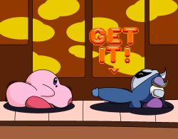 absurd anthro big_penis blue_body blue_eyes blue_skin cape clothing confusion duo female genitals gloves halberd_(ship) handwear hyper jiggling kirby kirby_(series) male male/female mask meta_knight nintendo penis penis_awe pink_body pink_skin purple_feet shoulder_pads small_but_hung somehornyweirdo sphere_creature sunset throbbing throbbing_penis video_games yellow_eyes