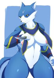 absurd_res anthro areola big_breasts blue_body breasts canid canine canis canyne capcom female fur furry furry_only genitals hi_res mammal monster_hunter palamute plache6 pussy smile solo thick_thighs video_games weapon wide_hips