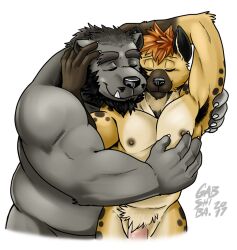 anthro beard black_body black_fur black_nose brown_body brown_fur claws closed_eyes duo embrace ena_(lm) facial_hair fur gabshiba genitals grey_hair hair hug love_mechanic male male/male moustache muscular muscular_male navel nipples nude orange_body orange_fur penis red_hair signature simple_background smile spots tan_body tan_fur tom_(lm) white_background