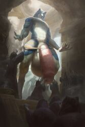 2020 ambiguous_gender anthro balls balls_to_knees big_balls big_penis blue_body blue_fur canid canine canis clothing foreskin fur genitals group huge_balls huge_cock humanoid_genitalia humanoid_penis hyper hyper_balls hyper_genitalia hyper_penis larger_male low-angle_view macro male mammal partially_retracted_foreskin penis pink_penis size_difference smaller_ambiguous solo_focus spectrumshift torn_clothing wolf