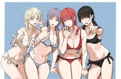 artist_request bikini chainsaw_man double_v long_hair makima_(chainsaw_man) medium_hair multiple_girls scar scar_on_face short_hair swimsuit v