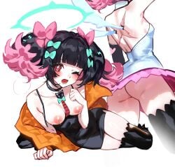 1girls 2026 2d angels_of_delusion ass bare_shoulders black_dress black_hair black_thighhighs breasts collar colored_inner_hair cut_clothes detached_sleeves female female_focus female_only foolish_potato halo highres holding_hair jacket looking_at_viewer loose_clothes multicolored_hair multiple_poses multiple_views nangong_yu_(zenless_zone_zero) nipples no_panties one_eye_closed small_breasts smile smiling_at_viewer solo solo_female solo_focus sweat tie topless topless_female twintails white_dress zenless_zone_zero