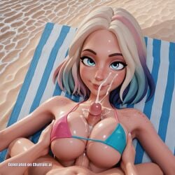 1girl 3d ai_assisted ai_generated beach big_boobs blender blonde blue_eyes cock_between_boobs cum_eruption cum_explosion cumshot enid_sinclair love multicolored_hair paizuri pink_bikini pool sand seductive seductive_gaze serious shiny_boobs straddling_paizuri titfuck titjob