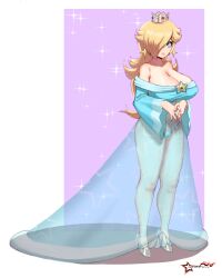 1girls 2022 alternate_breast_size artist_signature awesomeerix blonde_female blonde_hair blue_eyes breasts cleavage crown dress female female_only hair_over_one_eye heels hi_res hips huge_breasts long_dress long_hair mario_(series) nintendo panties princess_dress princess_rosalina see-through see-through_clothing simple_background slim_waist super_mario_galaxy thick_thighs thighs wide_hips