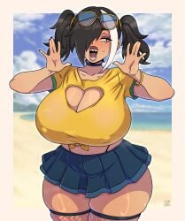 1girls cutout_shirt fishnet_legwear fishnets furanh furia_(furanh) goth goth_girl heart_cutout huge_breasts lips lipstick makeup multicolored_hair oc original original_character ponytails puffy_lips sharp_teeth skirt solo standing t-shirt tanned tanned_female tanned_skin thick_thighs venus_body wide_hips