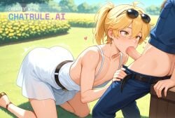 1boy ai_assisted ai_generated belt big_tits blonde_hair blowjob cock_out daylight earring excited_face flowers garden huge_tits jewelry jiggling_tits male_focus on_knees penis ponytail sex single_earring slender source_anime spring sundress sunglasses yellow_eyes
