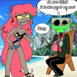 1boy1girl beach beach_background bikini bikini_top_pull blushing flat_chested hand_on_hip long_hair magazine original_character pink_hair robot seductive sitting sitting_on_chair smile text_bubble vampires_hell