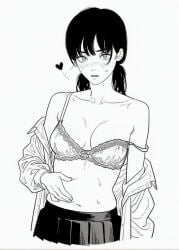 1girl asa_mitaka bare_shoulders blush bra breasts chainsaw_man cleavage collarbone collared_shirt cropped_legs greyscale hand_on_own_stomach hatching_(texture) heart long_hair long_sleeves looking_at_viewer low_twintails medium_breasts mitaka_asa monochrome navel off_shoulder open_clothes open_mouth open_shirt parted_lips pleated_skirt ringed_eyes school_uniform shirt simple_background skirt solo spasibo15 stomach strap_slip sweat sweatdrop twintails underwear undressing white_background